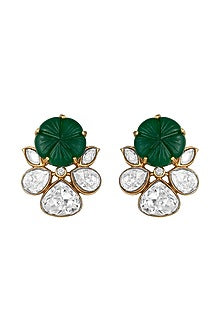 Gold Finish Kundan Polki & Emerald Synthetic Stone Stud Earrings