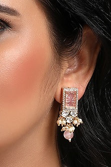 Gold Finish Kundan Polki & Pink Quartz Stone Dangler Earrings