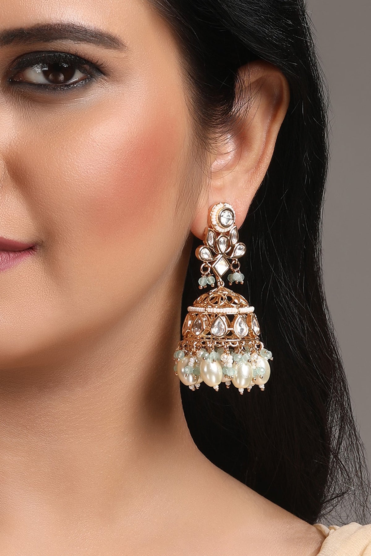 Gold Finish Kundan Polki & Shell Pearl Jhumka Earrings