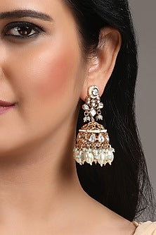 Gold Finish Kundan Polki & Shell Pearl Jhumka Earrings
