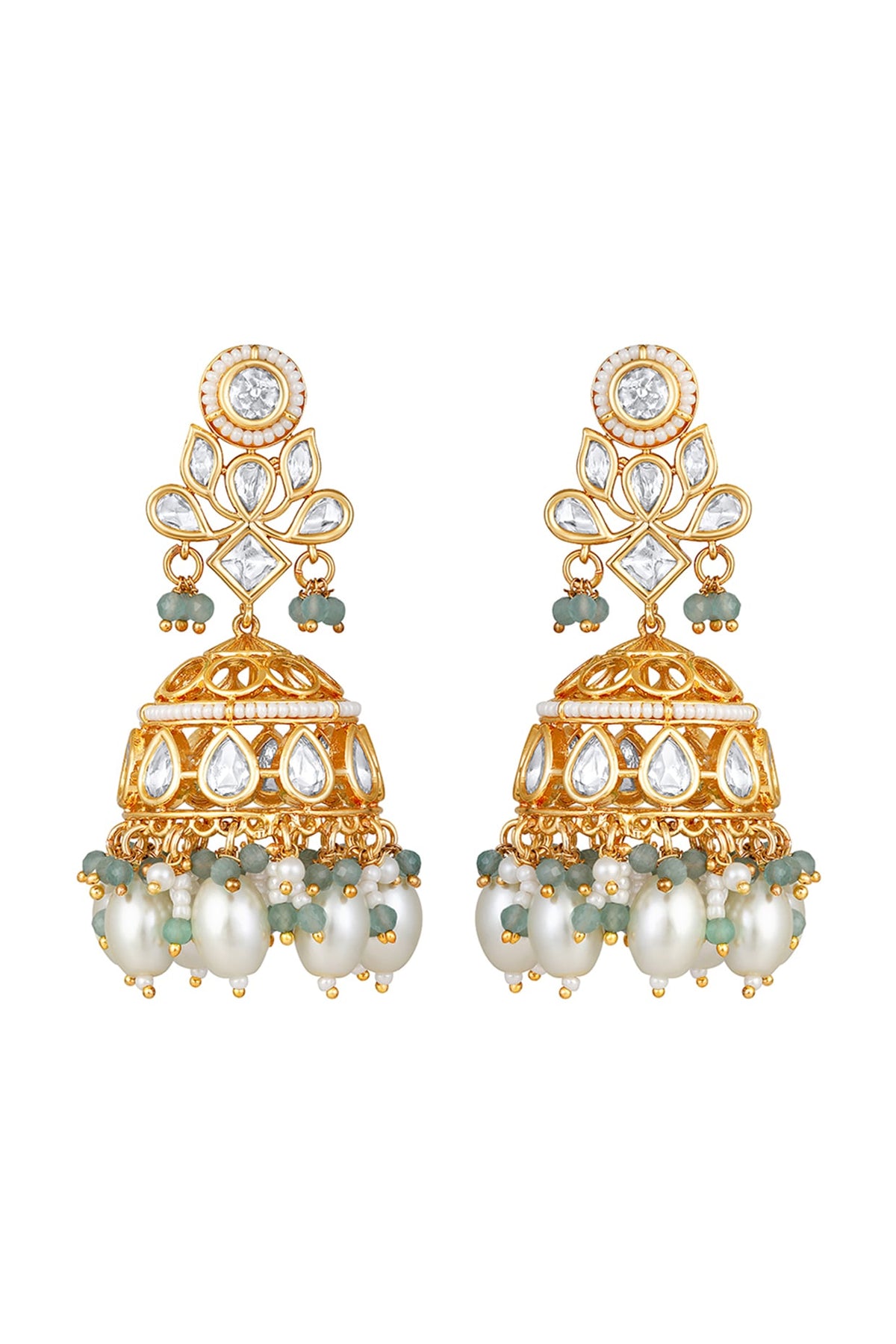 Gold Finish Kundan Polki & Shell Pearl Jhumka Earrings