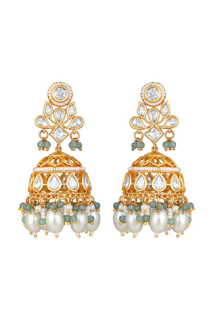 Gold Finish Kundan Polki & Shell Pearl Jhumka Earrings