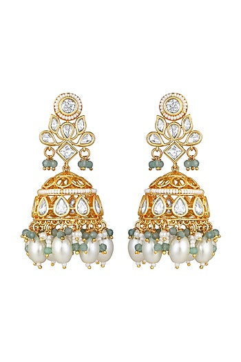 Gold Finish Kundan Polki & Shell Pearl Jhumka Earrings