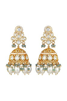 Gold Finish Kundan Polki & Shell Pearl Jhumka Earrings