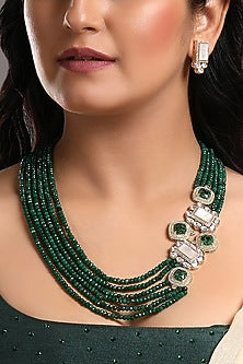 Gold Finish Kundan Polki & Green Agate Stone Long Necklace Set