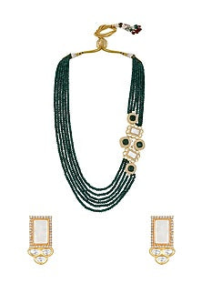 Gold Finish Kundan Polki & Green Agate Stone Long Necklace Set