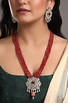 Gold Finish Kundan Polki & Red Agate Stone Long Necklace Set