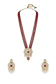 Gold Finish Kundan Polki & Red Agate Stone Long Necklace Set