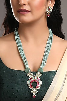 Gold Finish Turquoise Stone Long Necklace Set