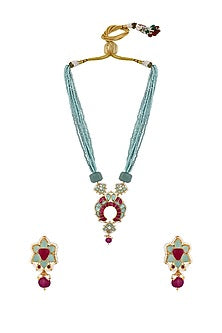 Gold Finish Turquoise Stone Long Necklace Set