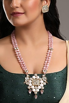 Gold Finish Kundan Polki & Rose Quartz Stone Long Necklace Set
