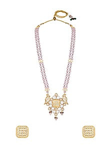 Gold Finish Kundan Polki & Rose Quartz Stone Long Necklace Set