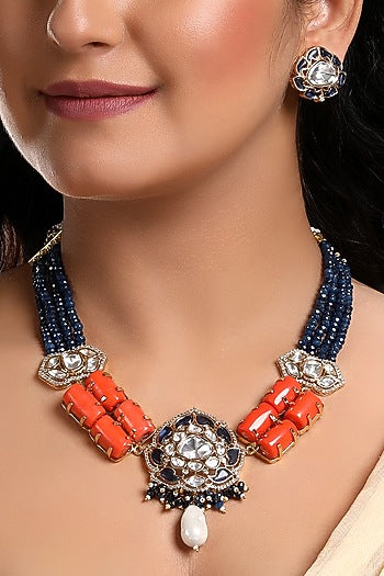 Gold Finish Coral Stone Choker Necklace Set