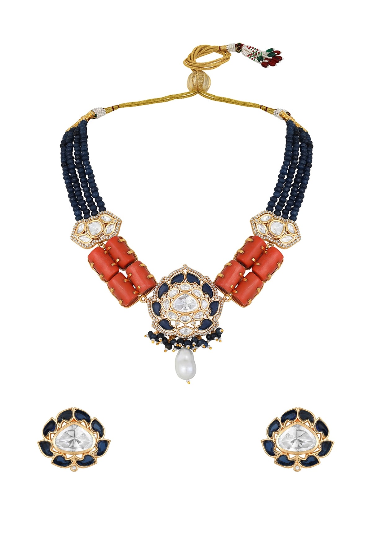 Gold Finish Coral Stone Choker Necklace Set