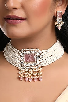Gold Finish Kundan Polki & Rose Quartz Stone Choker Necklace Set