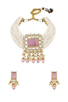 Gold Finish Kundan Polki & Rose Quartz Stone Choker Necklace Set