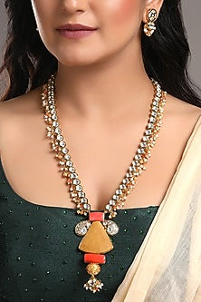 Gold Finish Kundan Polki & Coral Onyx Long Necklace Set