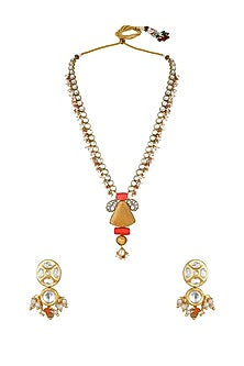 Gold Finish Kundan Polki & Coral Onyx Long Necklace Set