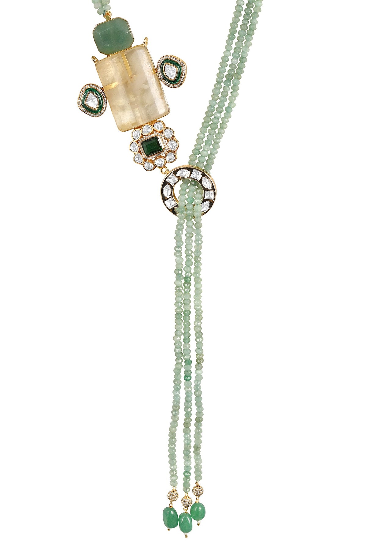 Gold Finish Moissanite Kundan Polki & Emerald Necklace