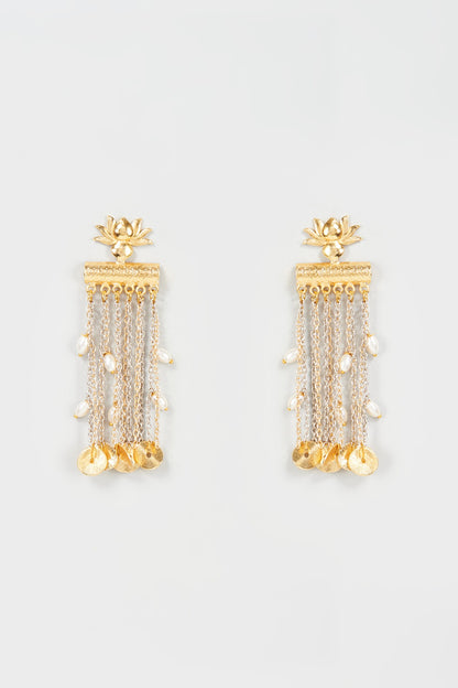 Two Tone Finish Pearl Lotus Dangler Earrings