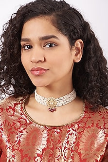Gold Finish Choker Necklace With Pearls In Sterling Silver