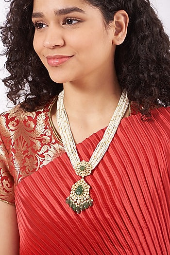 Gold Finish Long Necklace With Pearls In Sterling Silver