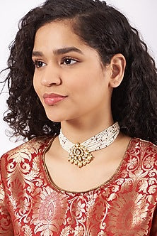Gold Finish Choker Necklace With Stones In Sterling Silver