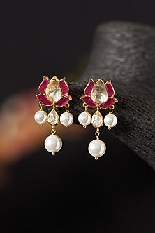Gold Finish Pearls & Pink Stones Dangler Earrings In Sterling Silver