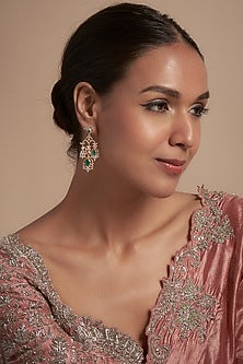 Gold Finish Moissanite Polki & Synthetic Stone Dangler Earrings In Sterling Silver