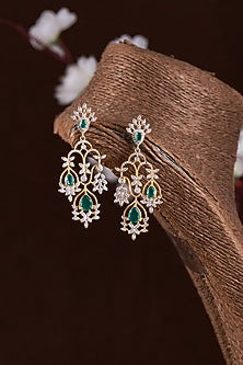 Gold Finish Moissanite Polki & Synthetic Stone Dangler Earrings In Sterling Silver