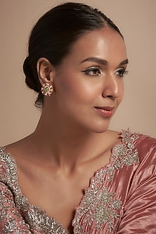 Gold Finish Moissanite Polki & Red Stone Stud Earrings In Sterling Silver