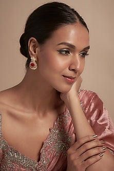 Gold Finish Moissanite Polki & Red Stone Dangler Earrings In Sterling Silver