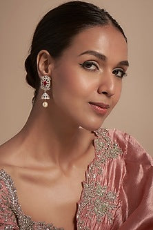 Gold Finish Moissanite Polki & Red Stone Jhumka Earrings In Sterling Silver