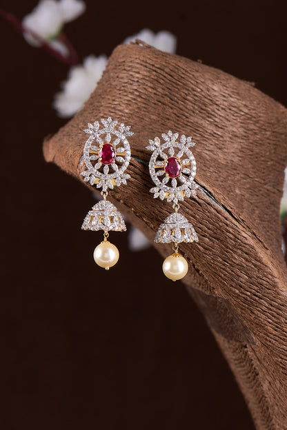 Gold Finish Moissanite Polki & Red Stone Jhumka Earrings In Sterling Silver