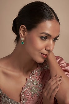 Gold Finish Moissanite Polki & Synthetic Stone Dangler Earrings In Sterling Silver