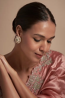 Gold Finish Moissanite Polki & Synthetic Stone Stud Earrings In Sterling Silver
