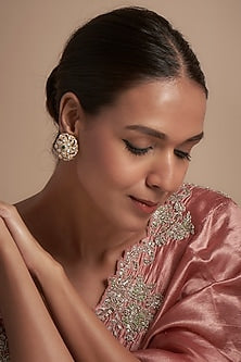 Gold Finish Moissanite Polki & Synthetic Stone Stud Earrings In Sterling Silver