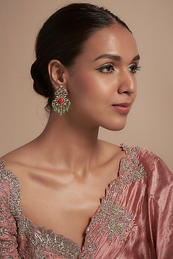Two-Tone Finish Moissanite Polki & Synthetic Stone Dangler Earrings In Sterling Silver