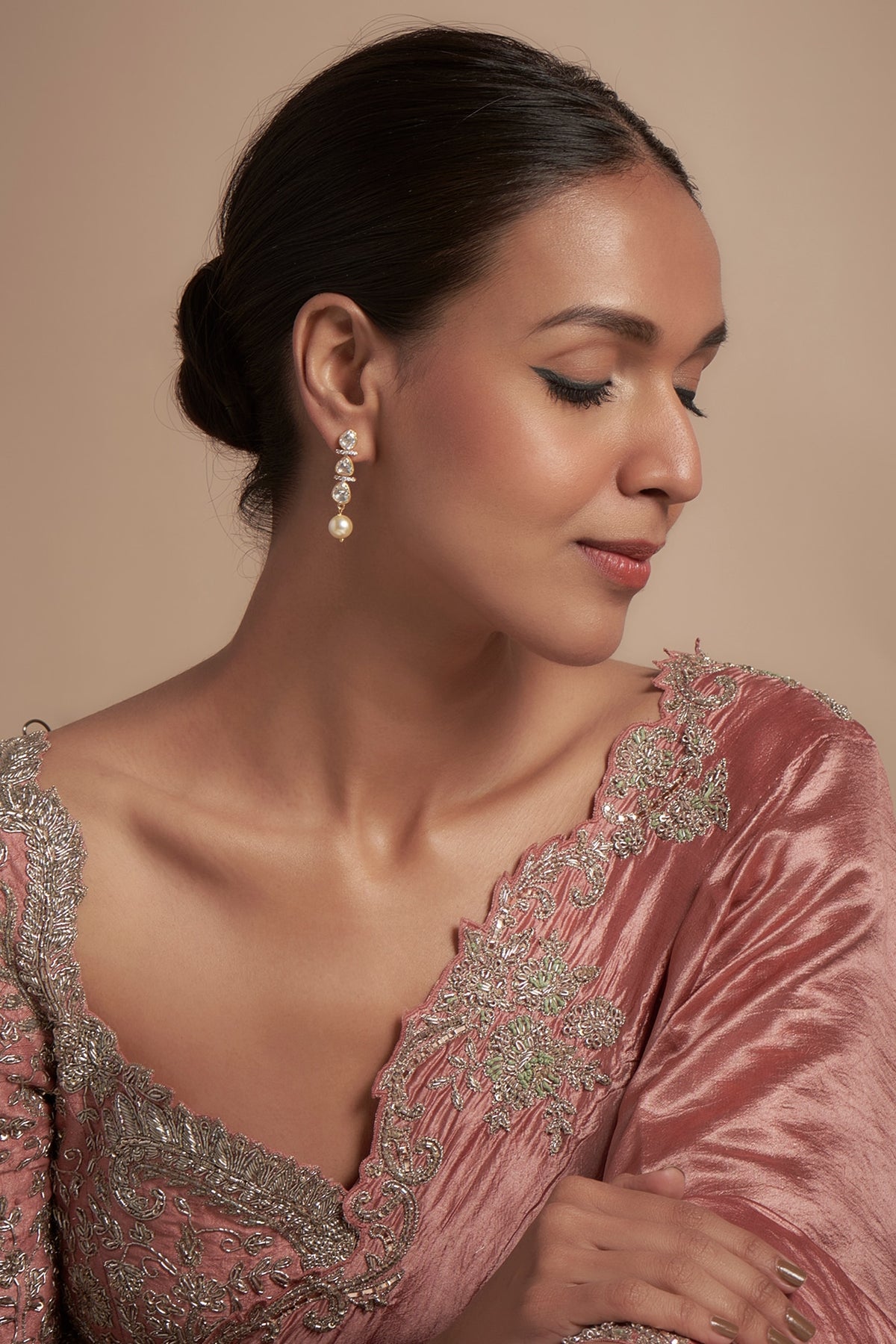 Gold Finish Moissanite Polki & Pearl Dangler Earrings In Sterling Silver