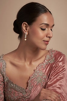 Gold Finish Moissanite Polki & Pearl Dangler Earrings In Sterling Silver
