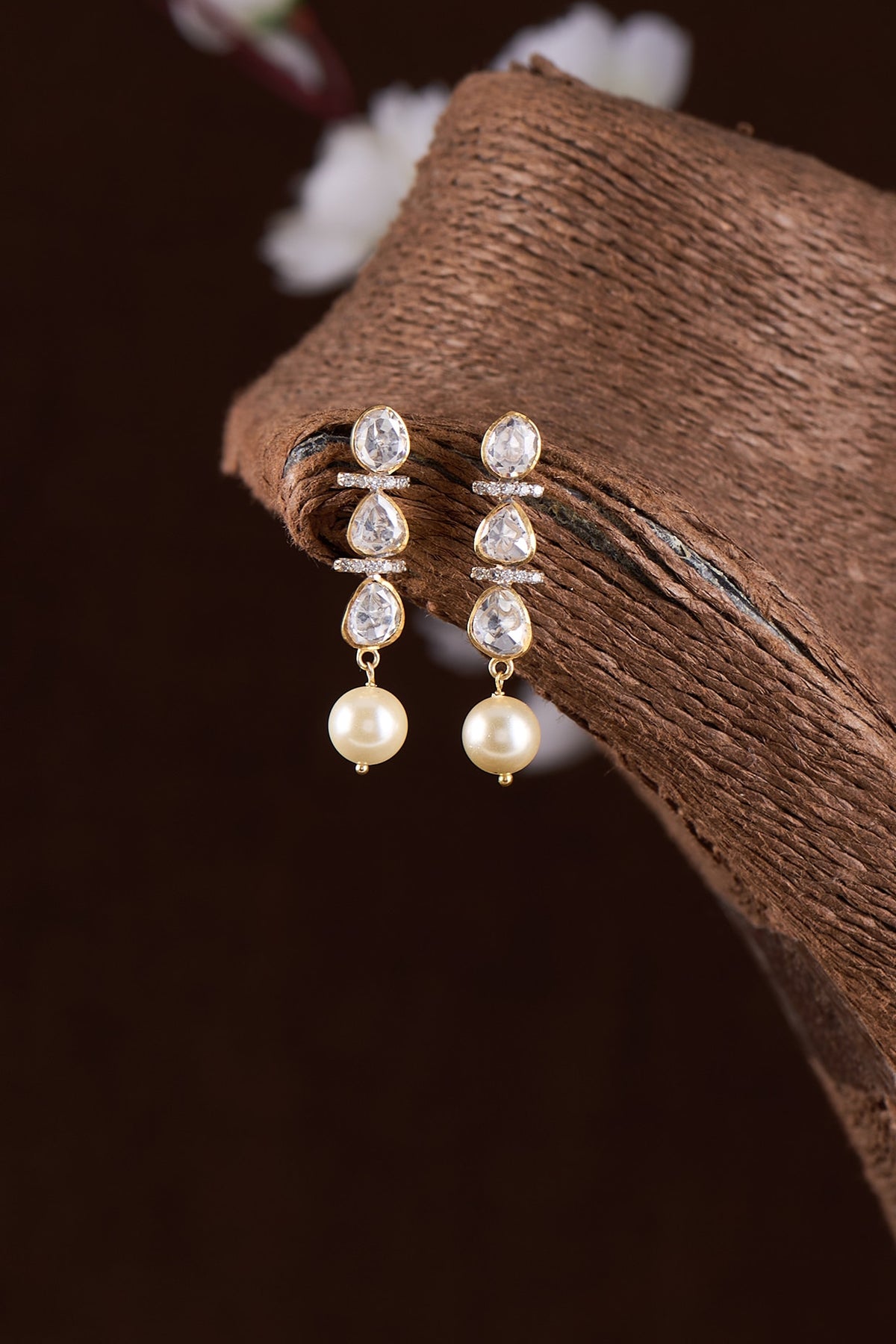 Gold Finish Moissanite Polki & Pearl Dangler Earrings In Sterling Silver