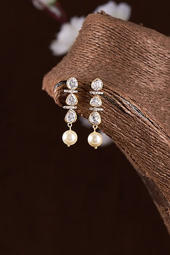 Gold Finish Moissanite Polki & Pearl Dangler Earrings In Sterling Silver