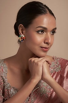 Gold Finish Moissanite Polki Stud Earrings In Sterling Silver