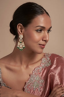 Gold Finish Moissanite Polki & Synthetic Stone Dangler Earrings In Sterling Silver