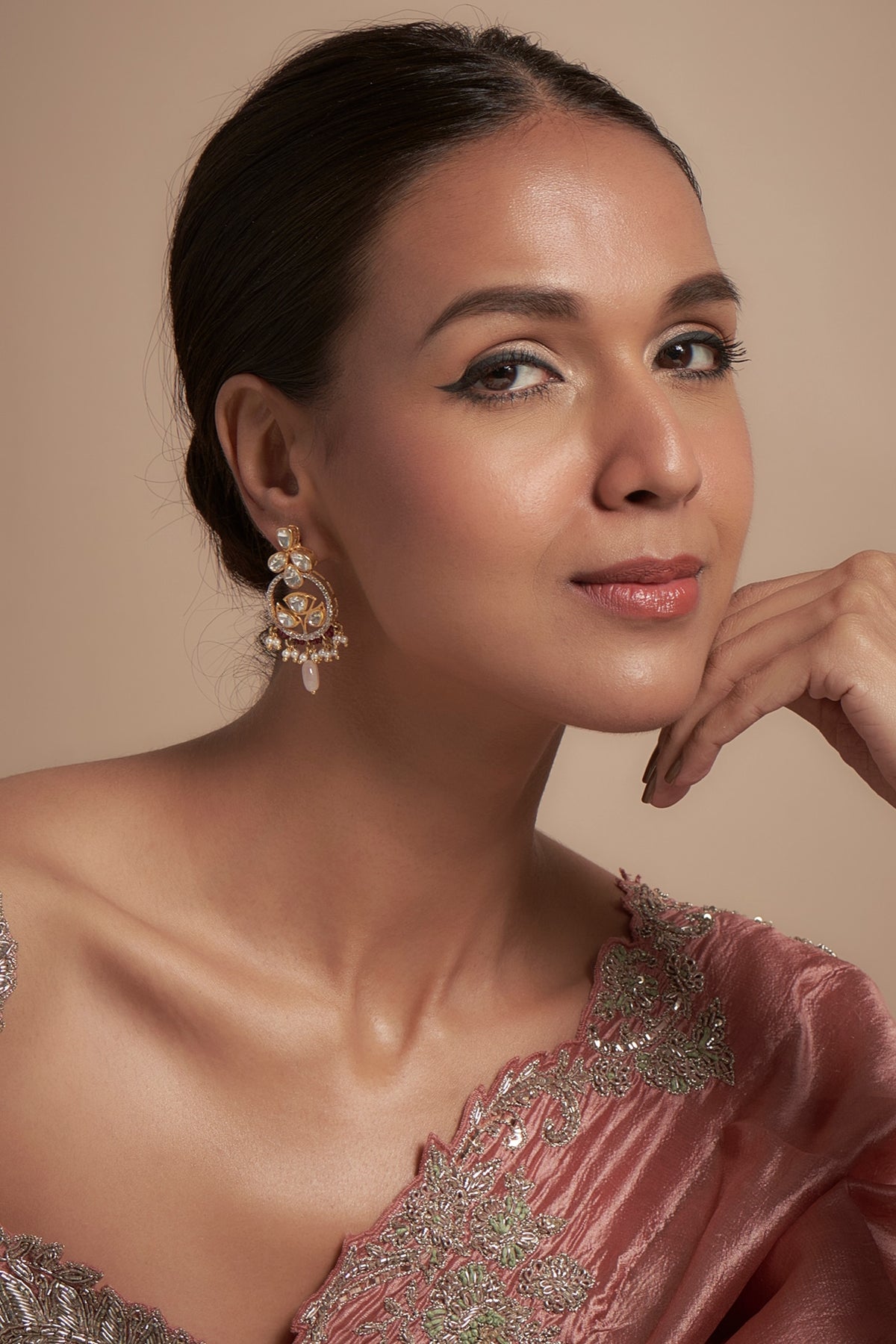 Gold Finish Moissanite Polki Dangler Earrings In Sterling Silver