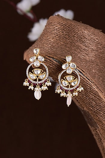 Gold Finish Moissanite Polki Dangler Earrings In Sterling Silver