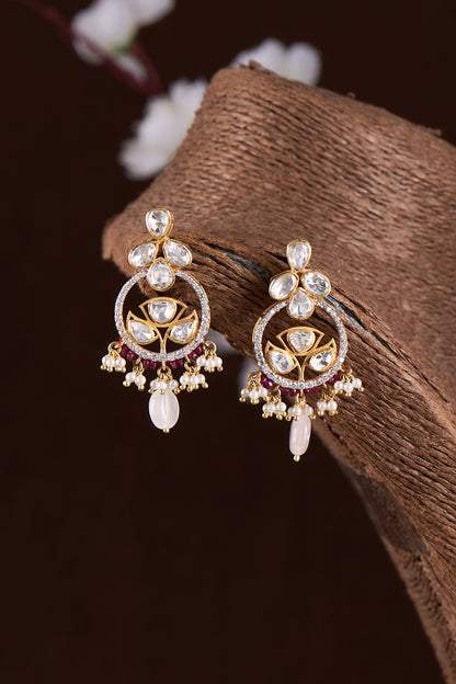 Gold Finish Moissanite Polki Dangler Earrings In Sterling Silver