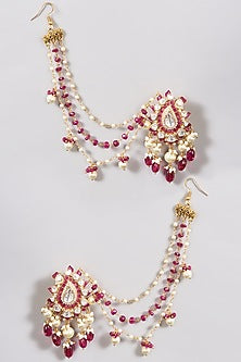 Gold Finish Moissanite Polki Dangler Earrings With Kaan Chain In Sterling Silver