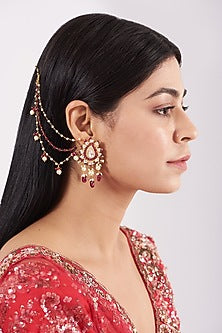 Gold Finish Moissanite Polki Dangler Earrings With Kaan Chain In Sterling Silver
