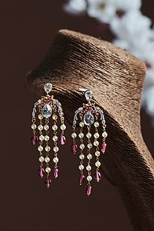 Gold Finish Moissanite Polki & Pearl Dangler Earrings In Sterling Silver
